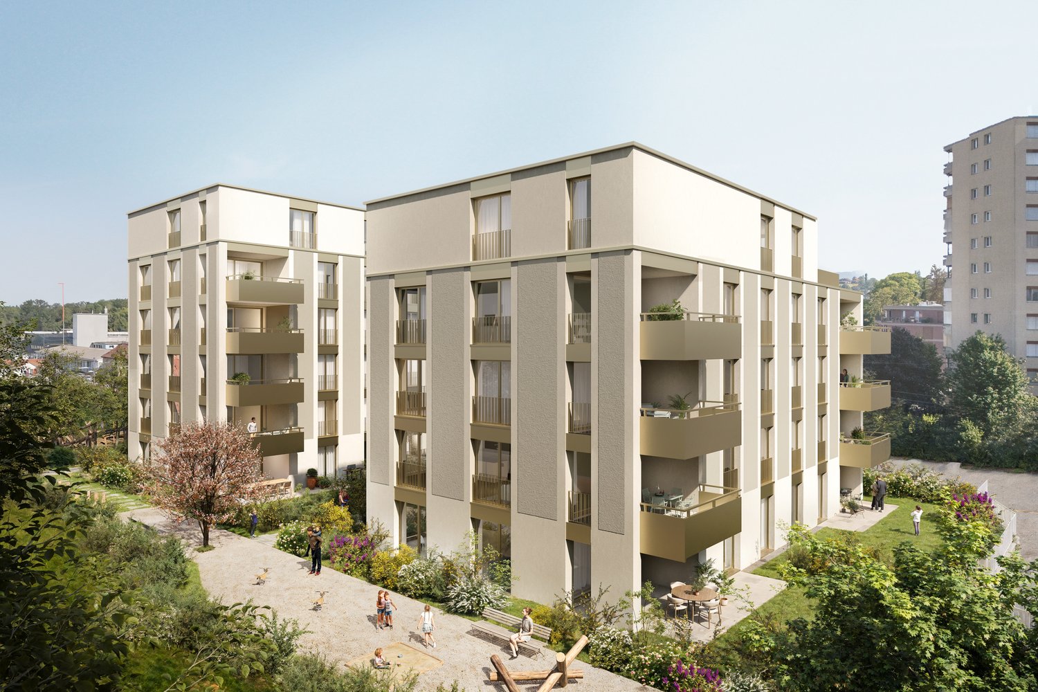 Three-story apartment buildings with several balconies, gardens, and a parking lot