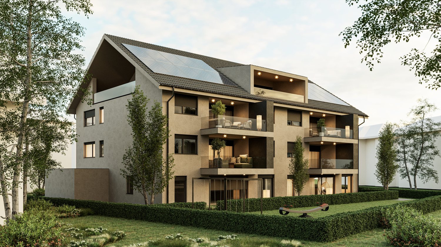 Apartment building with solar panels, raised ground floor, balconies on the upper floors