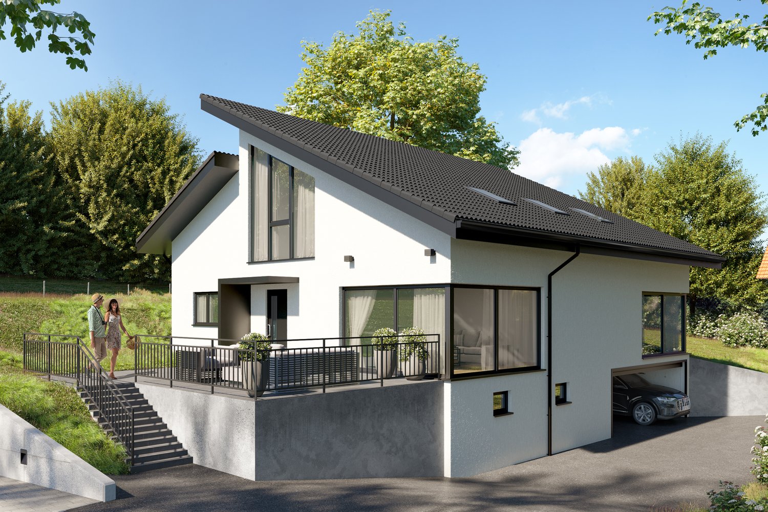 modern house, black roof, concrete steps, balcony, car in garage