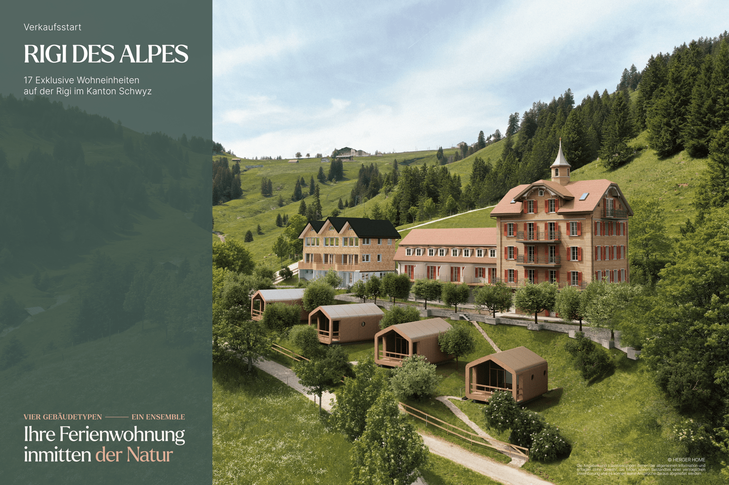 The image shows a resort development called 'Rigi des Alpes' located on the Rigi mountain in the Swiss canton of Schwyz. The development consists of several multi-story buildings with traditional Swiss architectural styles, as well as smaller cabin-style