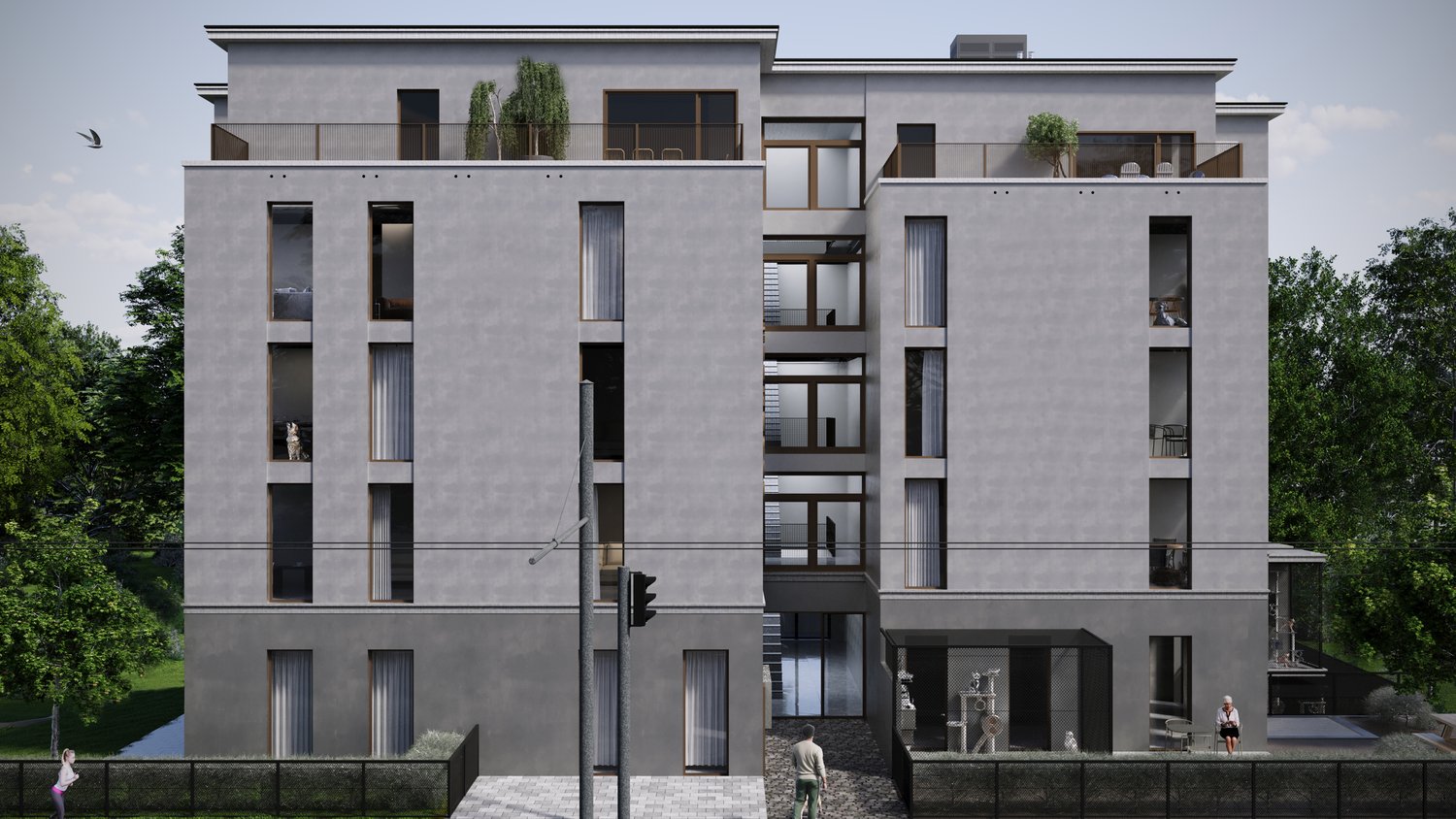 Gray building, multiple stories, many windows, balconies on all levels, modern design