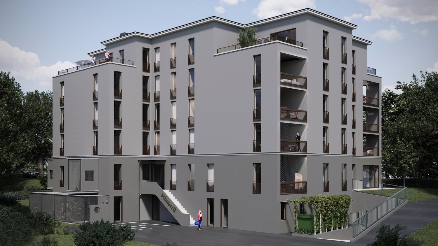 Apartment building, 5 stories, balconies, garage, greenery, modern design, stairs