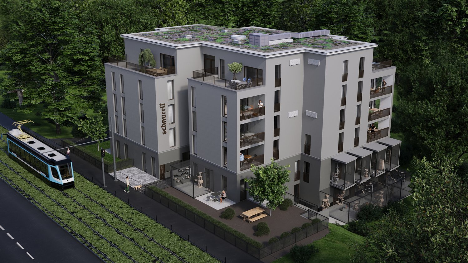 3 story building, balconies on each floor, terrace on the roof, solar panels on the roof, garden in front, trees surrounding