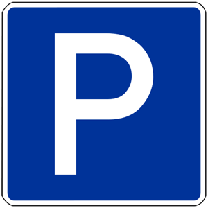 Blue square sign with a white 'P' symbol, indicating a parking area or parking lot.