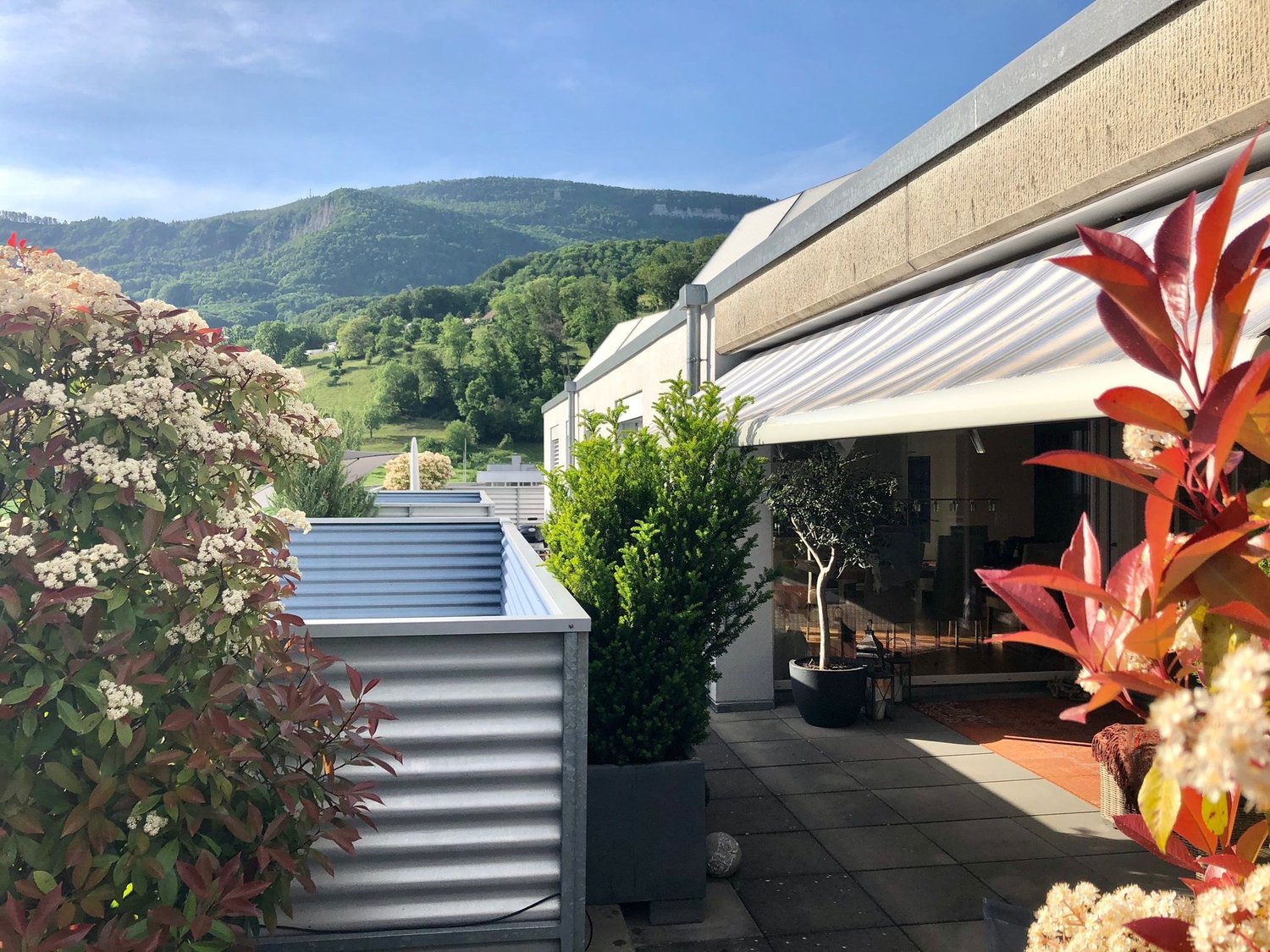 Exterior view of building with balcony, metal fencing, and greenery with a mountainous background