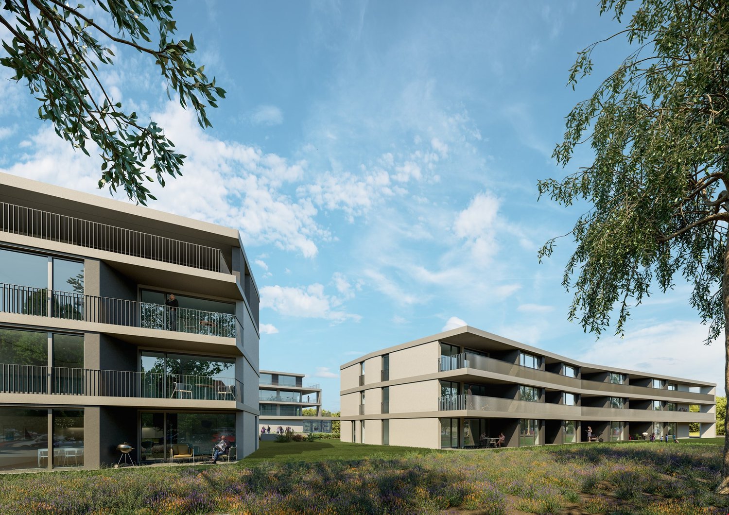 Modern multi-story apartment buildings with balconies, surrounded by landscaped grounds and trees