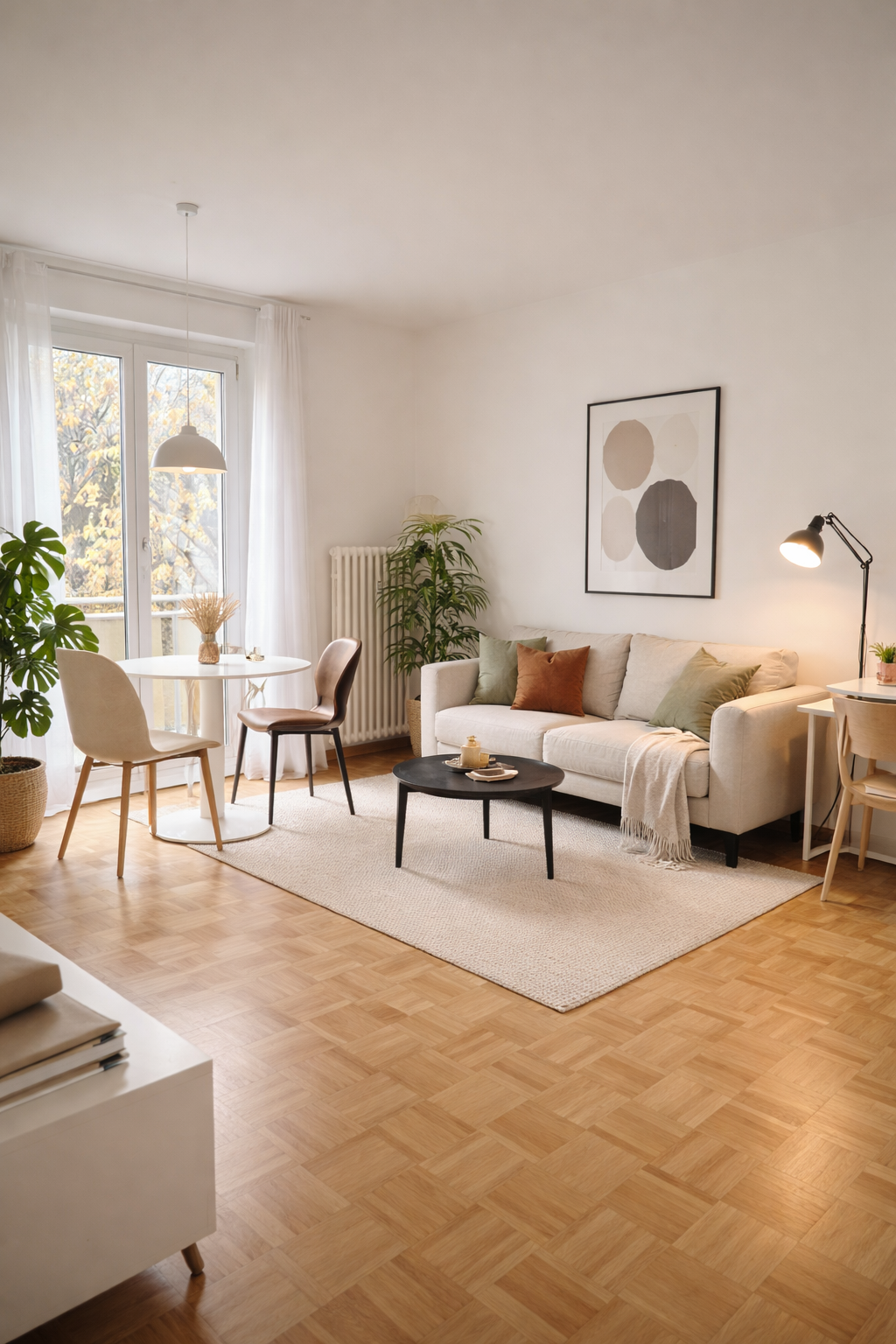 white walls, wooden floor, white couch, coffee table, dining table, chairs, radiator, plants, picture frame, lamp, balcony, view