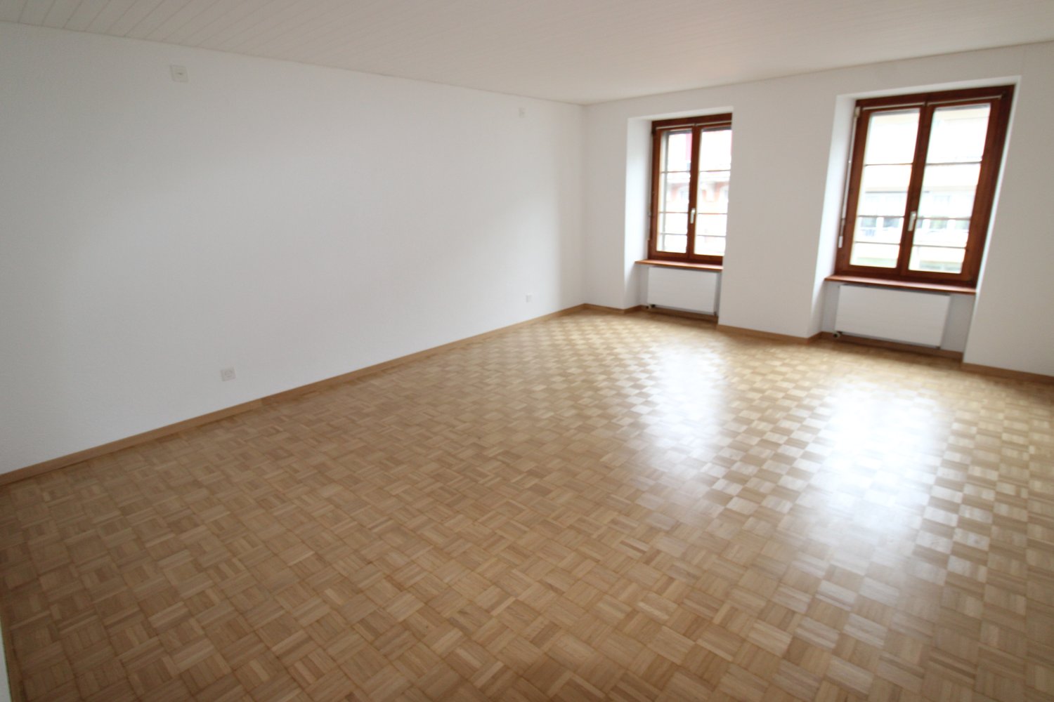 empty room with white walls, wooden parquet flooring, two windows