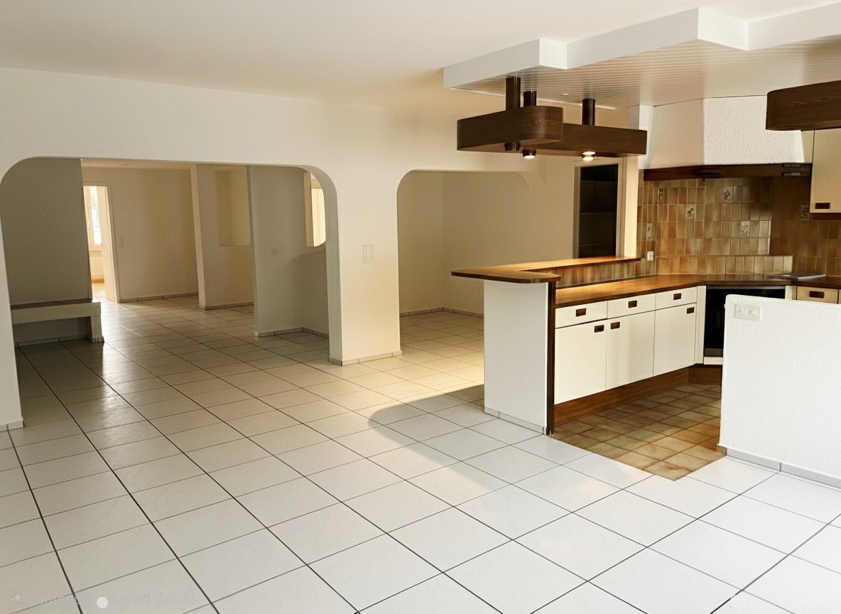 empty kitchen, white tiles, wooden counter, cabinets, tiled flooring, light wooden cabinets