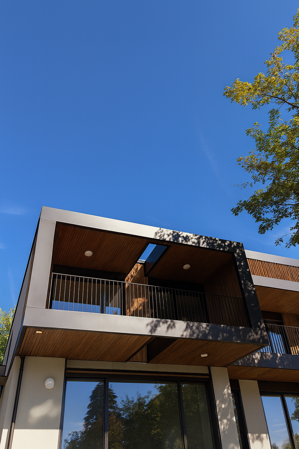 modern building, two levels, balconies, large windows, modern architecture
