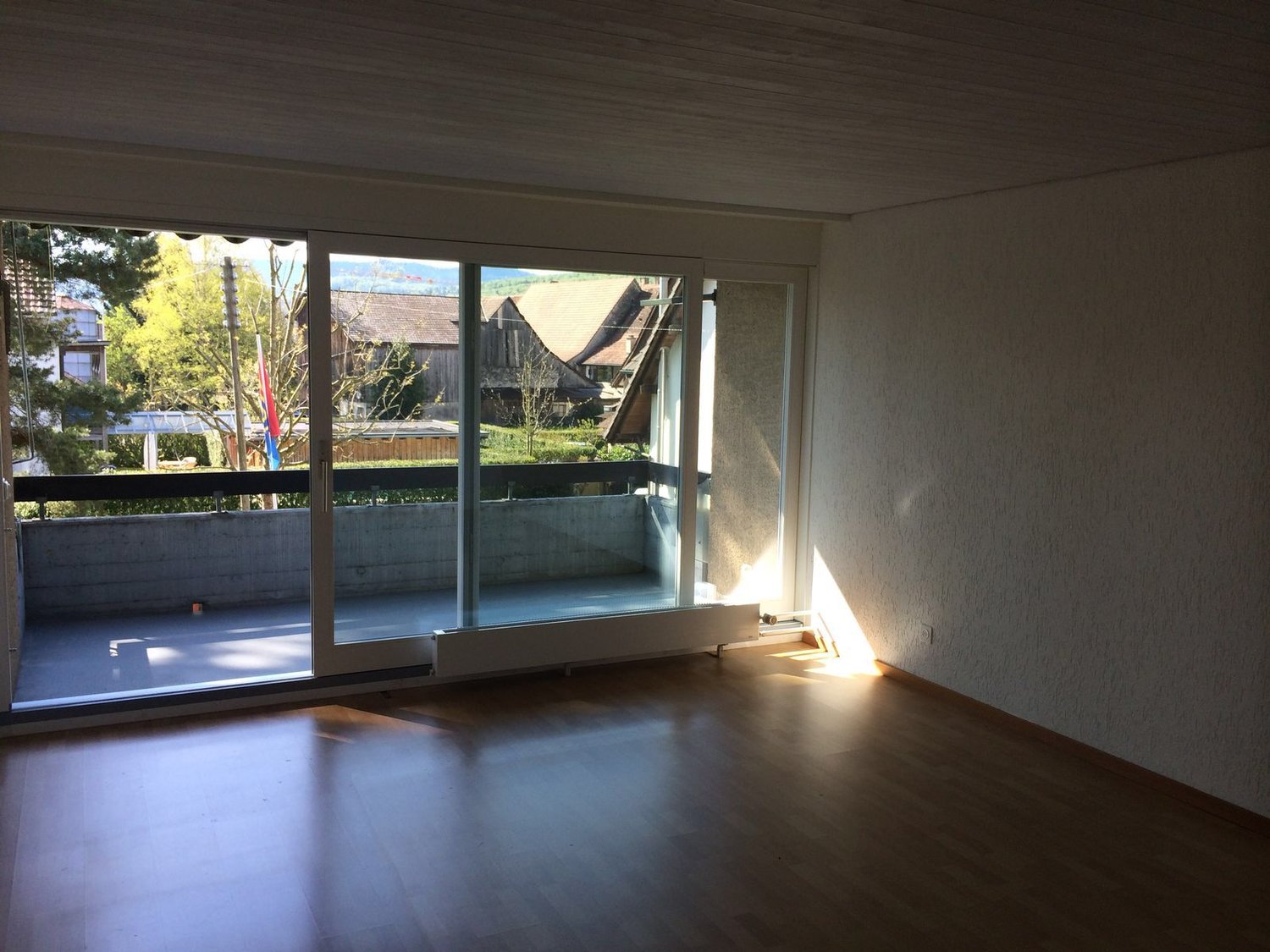 sliding glass doors, balcony, white wall, wooden floor, empty room