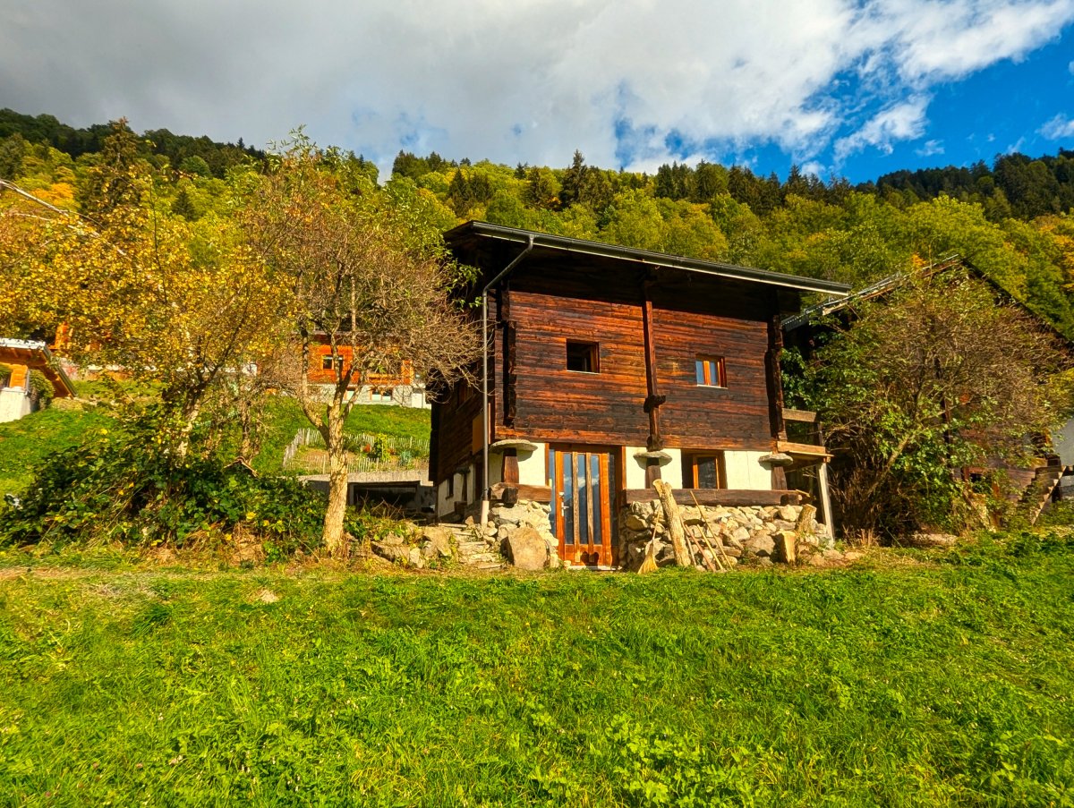 small wooden house, situated on a hill, surrounded by trees and grass, view of mountains