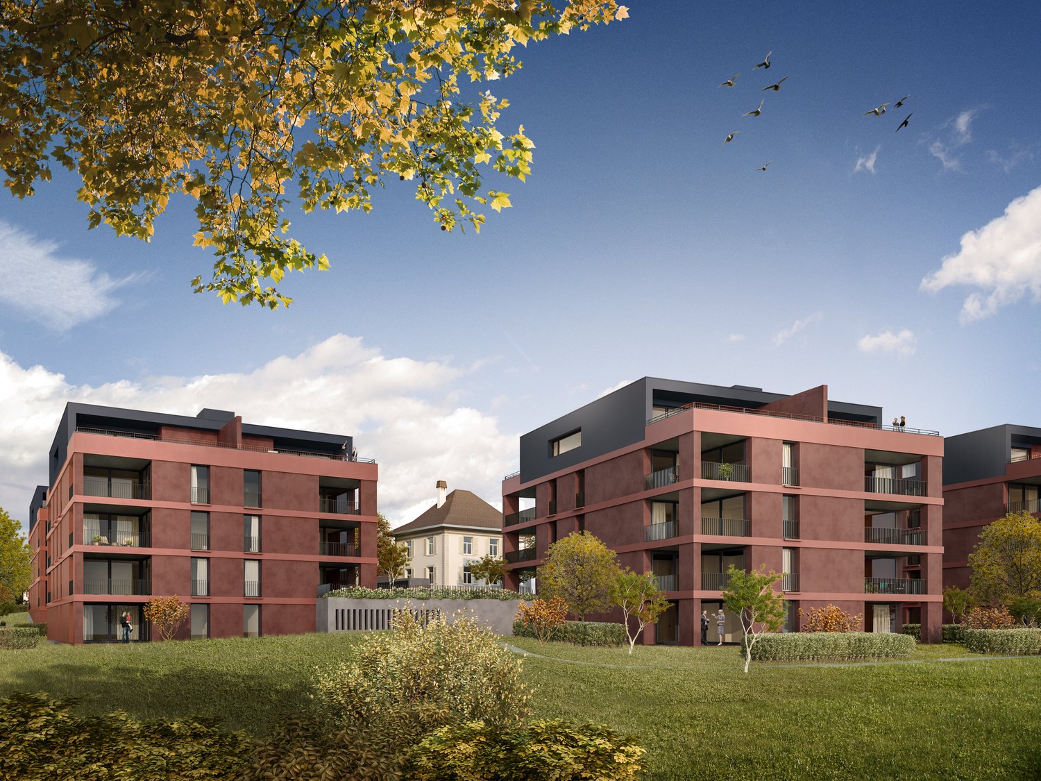 Residential building, red brick, black and red roofs, large windows, balconies, grass, trees, pathways