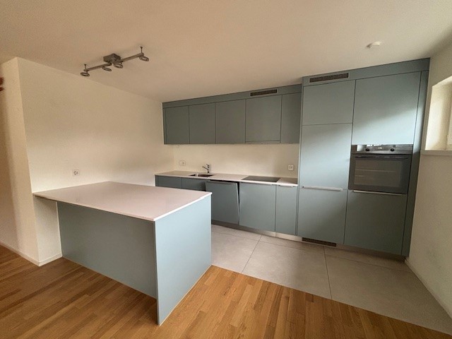 Island counter, gray cabinets, stainless steel appliances, wooden floors, recessed lighting