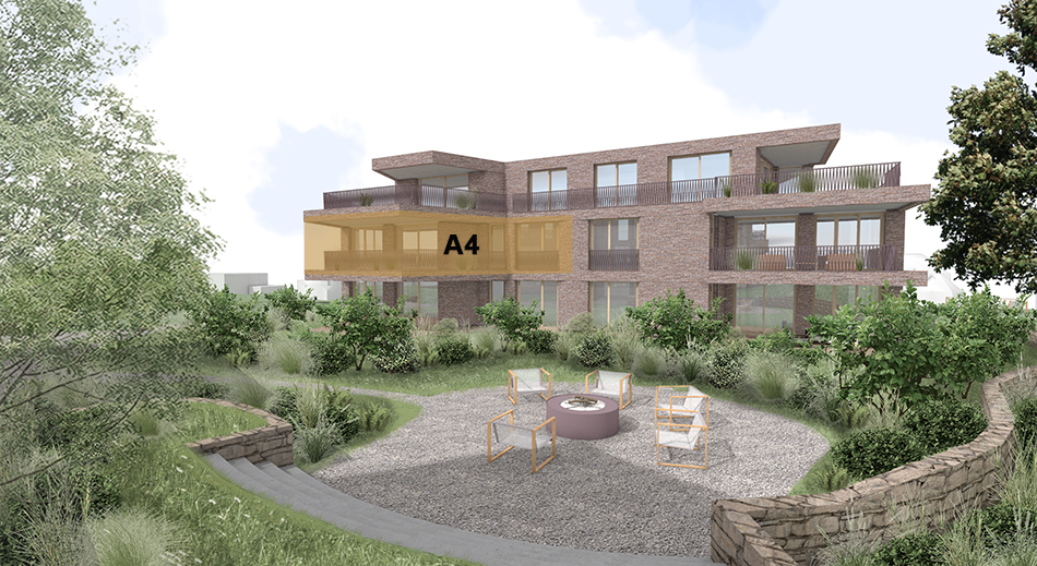 4-story brick apartment building with balconies, surrounded by landscaped gardens and a patio area with seating and a fire pit