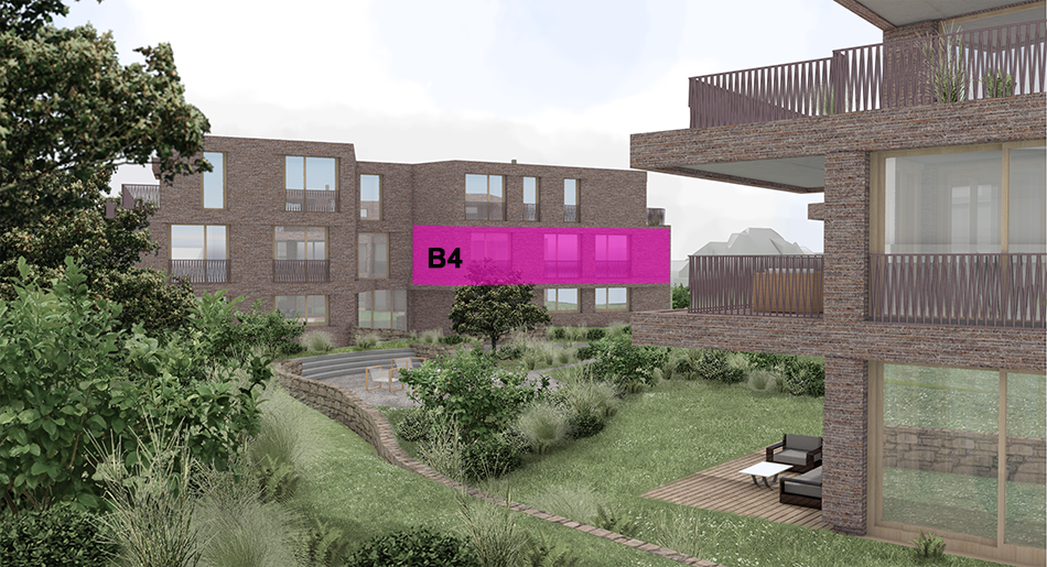 The image shows a residential development with multiple apartment buildings. The building labeled 'B4' appears to be one of the apartment buildings in the complex. The surrounding area includes a landscaped garden with trees, shrubs, and a paved path.
