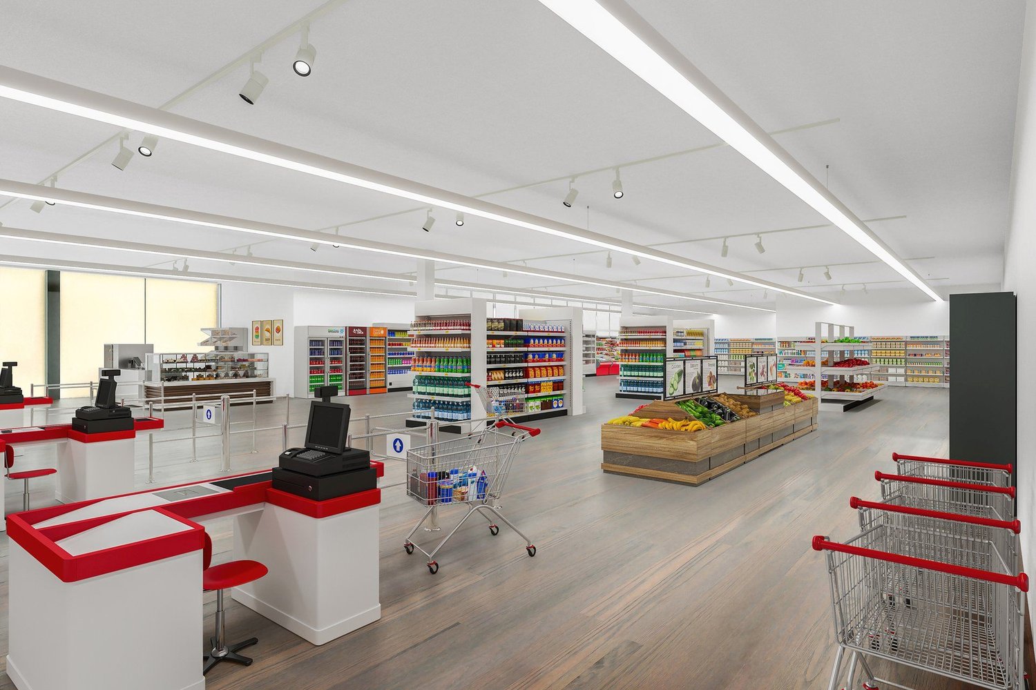modern retail store, wooden floor, modern lighting fixtures, modern shelves, modern checkout counters, shopping trolleys, red chairs, checkout stations, fruit and vegetable section