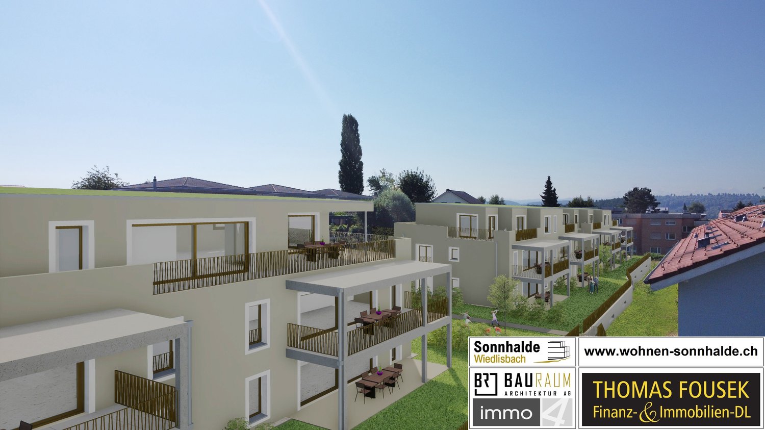 multi-story building, large balconies, green lawn, garden area, various outdoor dining areas