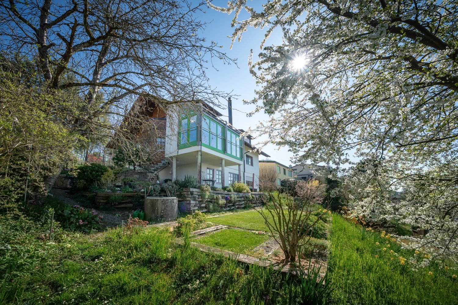 Two-story house with a balcony, surrounded by a lush garden with flowering trees and plants. The house has a unique architectural style with green-framed windows.