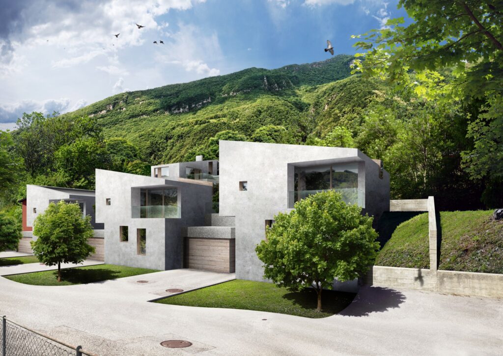 Modern concrete residential building, multiple levels, large windows, garage