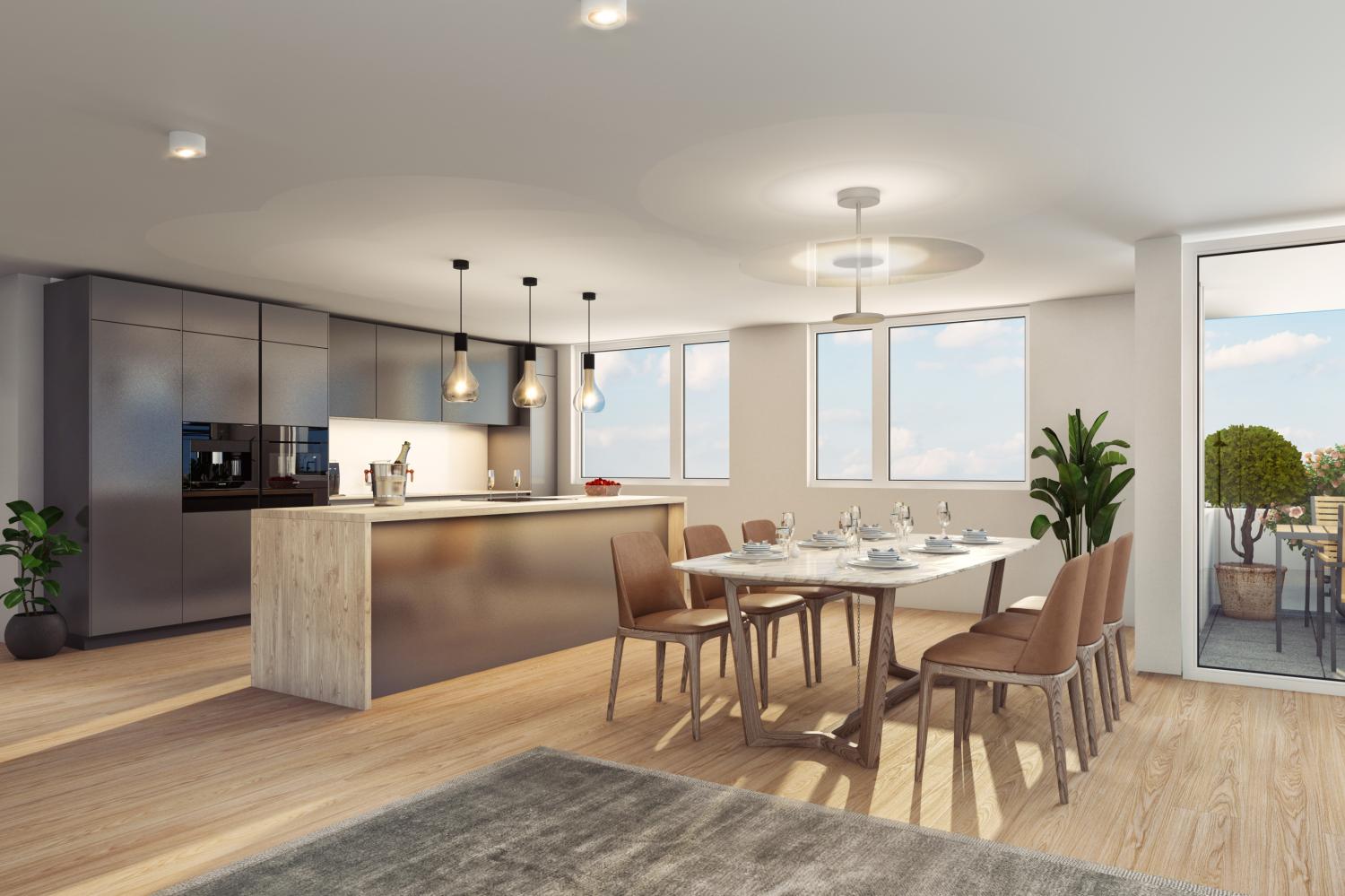 kitchen island, large dining table, chairs, wooden floors, modern lighting, large windows