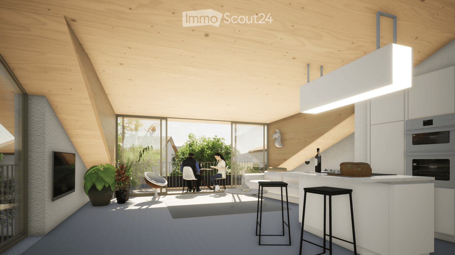 Open floor plan, kitchen, living room, balcony with dining area, wooden ceiling, large windows, white appliances