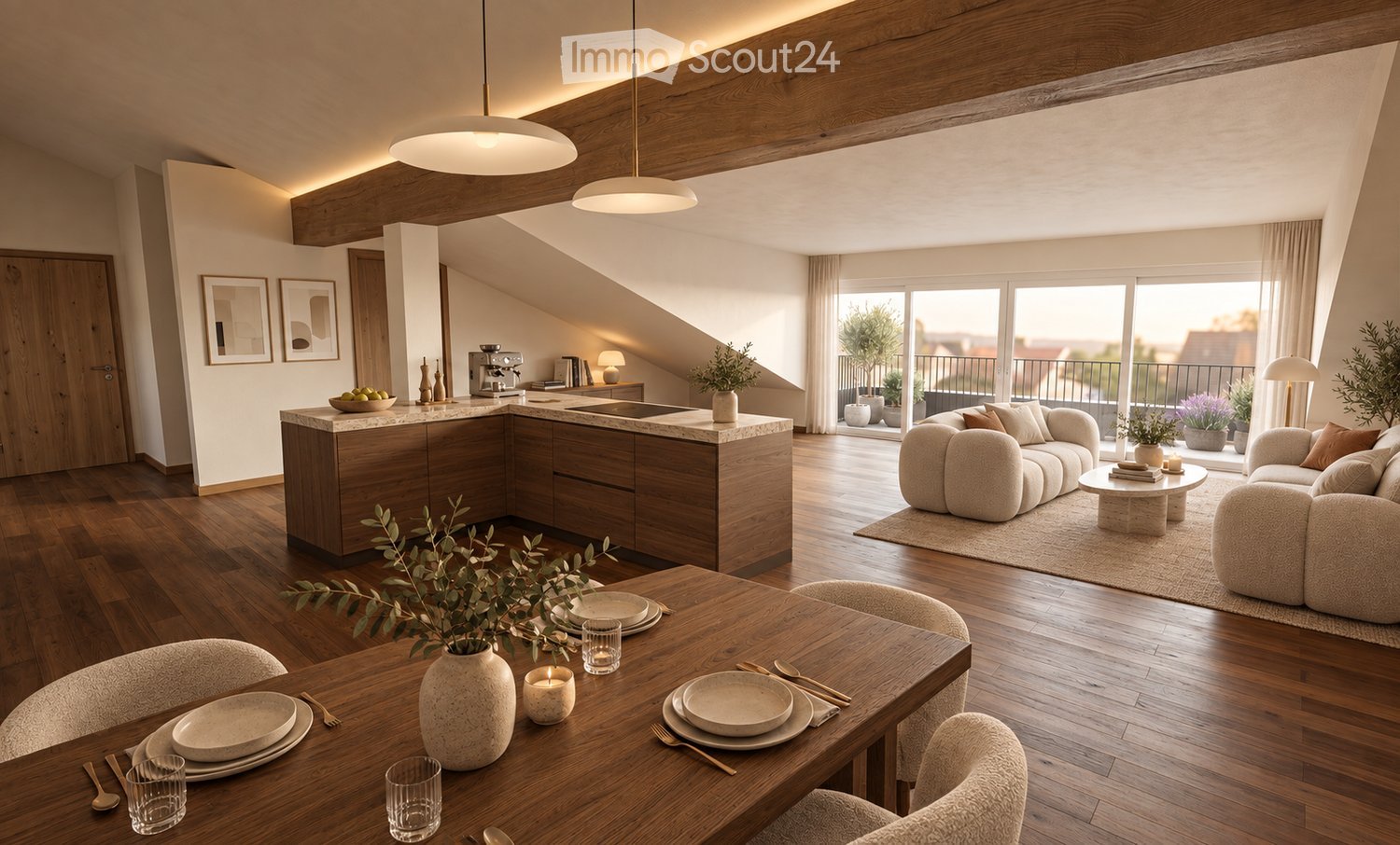 Modern, open-concept living and dining area with exposed wooden beams, pendant lights, a kitchen island, a dining table, and a living room sofa. Large windows and a balcony are visible.