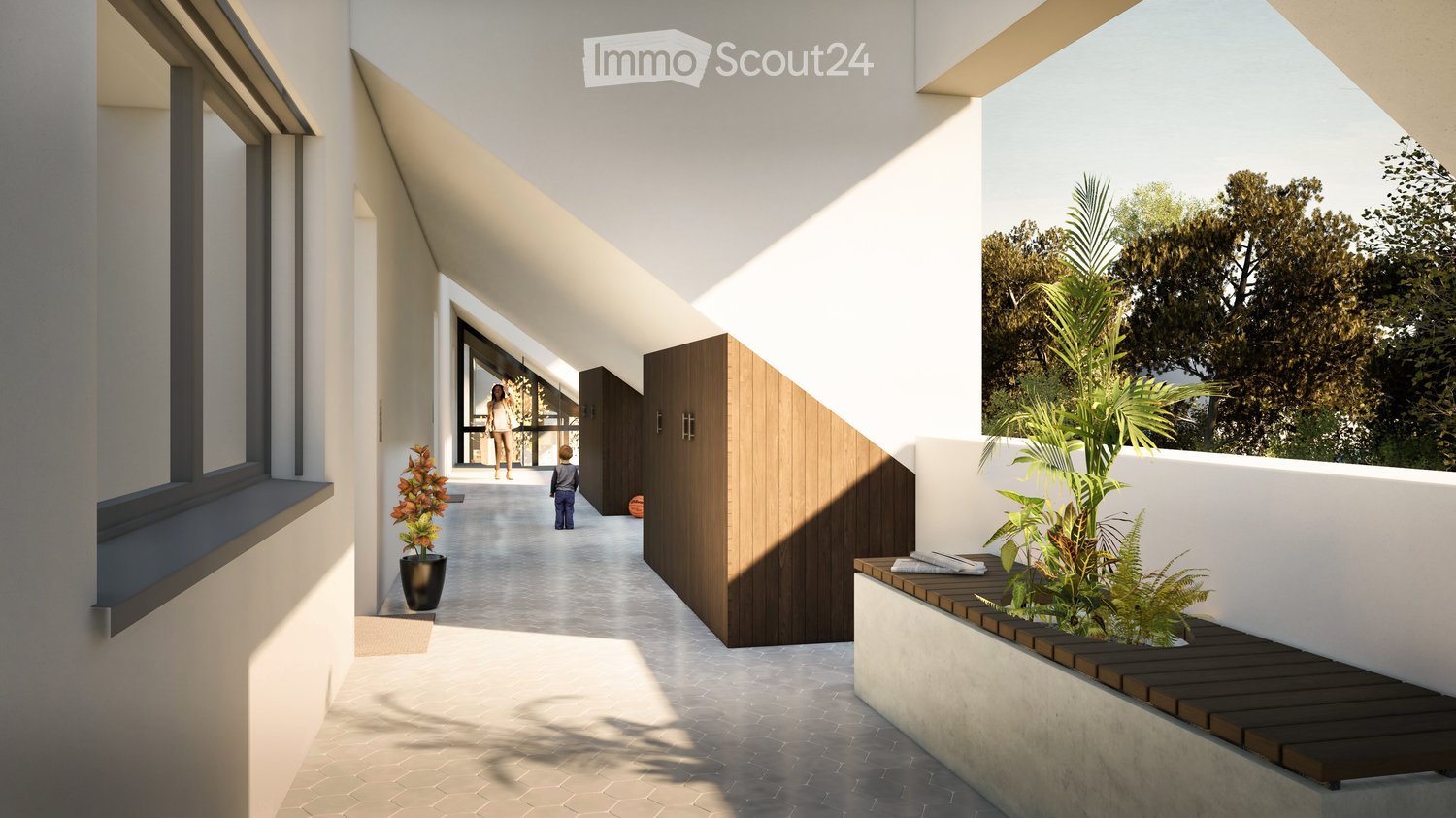 A corridor with a balcony, a potted plant, a wooden bench, and a view of the outside with trees and plants.