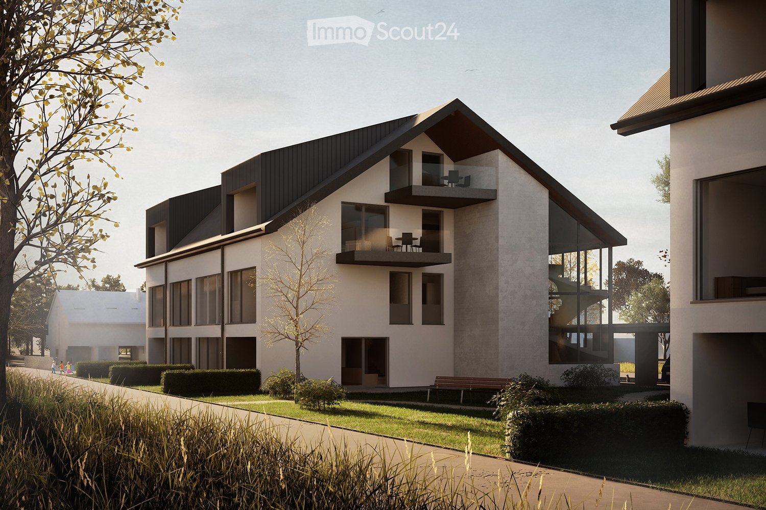 3 story house, white exterior, black roof, large windows, balconies, garden, pathway
