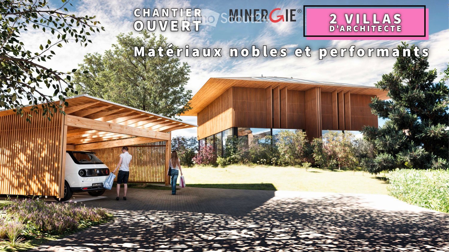 Car parked in a wooden carport, two people walking in the driveway, modern design of the house in the background, large windows, wooden facade, grass lawn, shrubs, trees