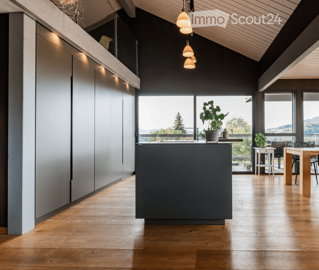 kitchen, island, plants, modern style, windows, grey cabinets, wooden floor, pendant lights