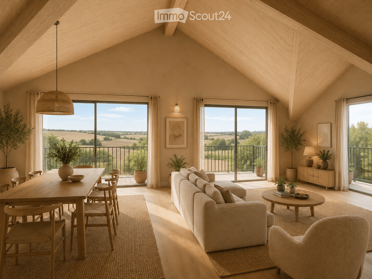 Bright, airy living and dining area with large windows and a balcony overlooking a scenic countryside view. Features a beige sofa, wooden coffee table, dining table with chairs, side table, and decorative plants.