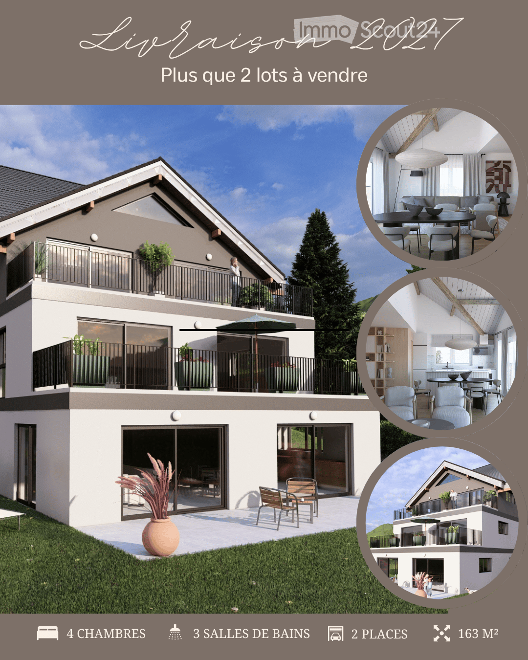 2-story house with balconies, garage, and outdoor seating area. The interior features an open-concept living room, kitchen, and dining area with modern furnishings.