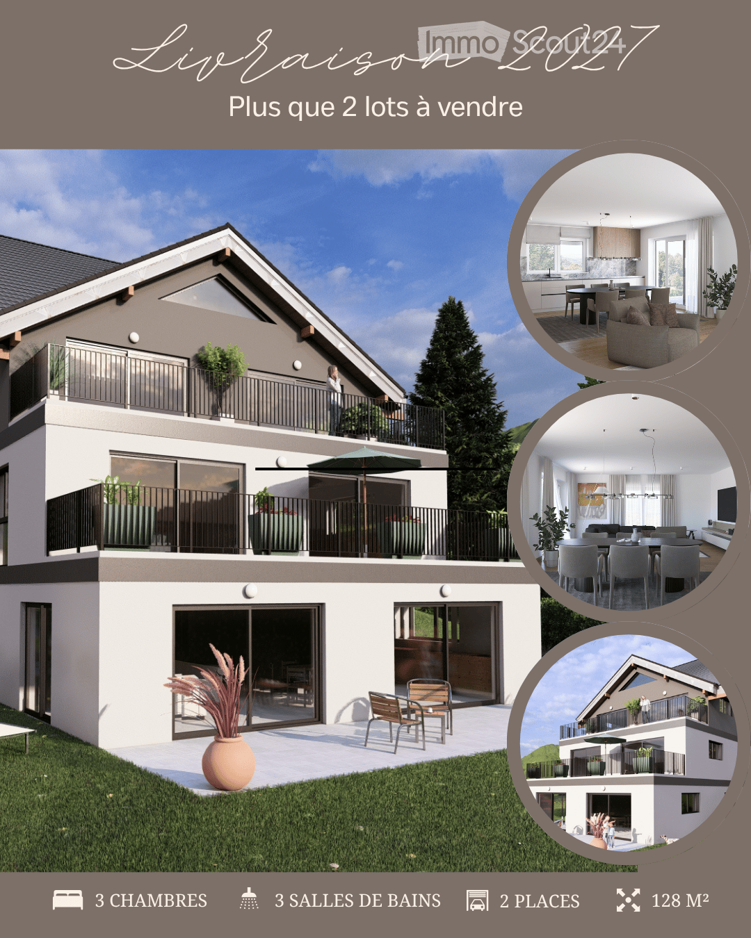 A 2-story house, white walls, grey roof, two balconies, double glass doors