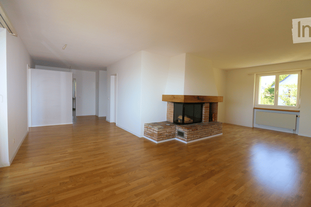 Large room with wooden floor, fireplace, windows, white walls