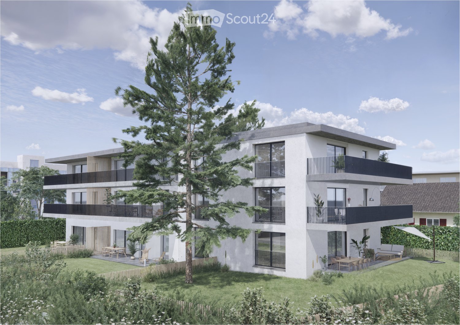 Modern apartment building, white walls, glass windows, balconies, garden, trees, patio, wooden fence, outdoor seating