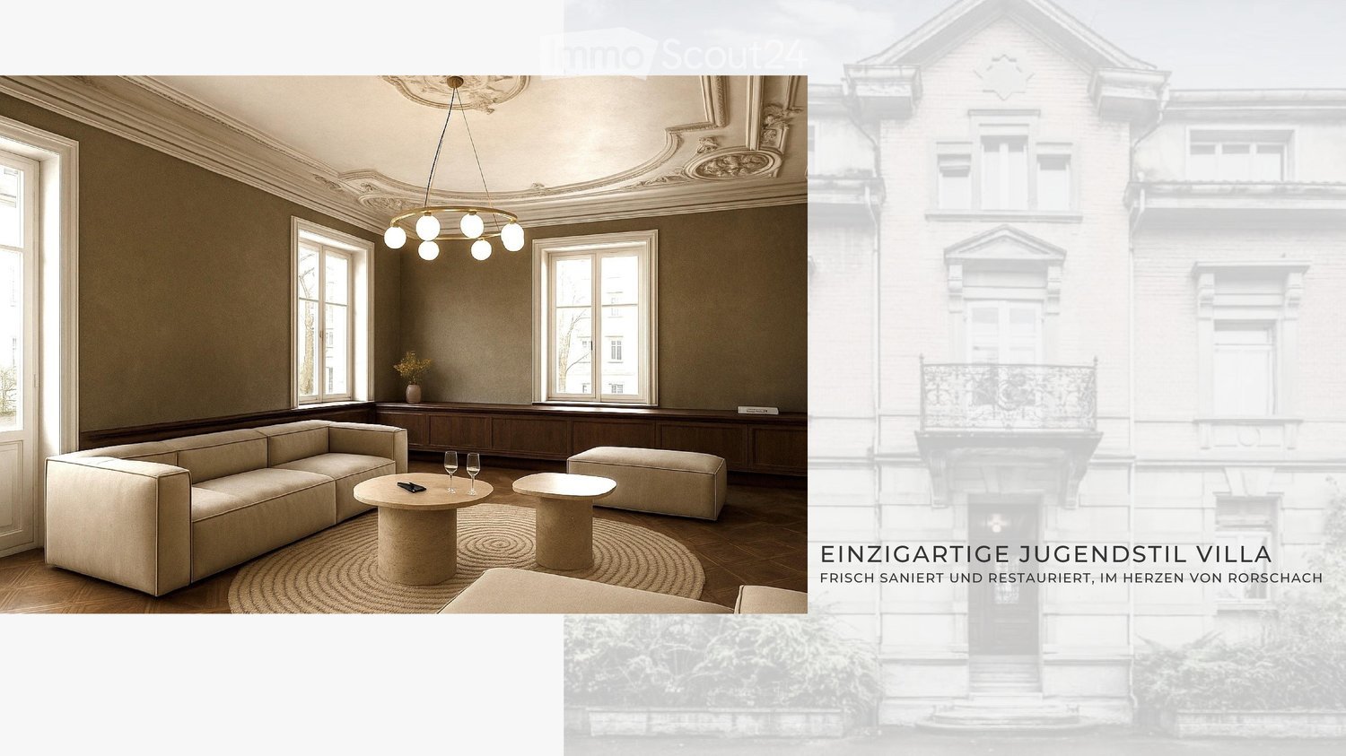 large living room, beige sofa, coffee tables, large windows, balcony, chandelier