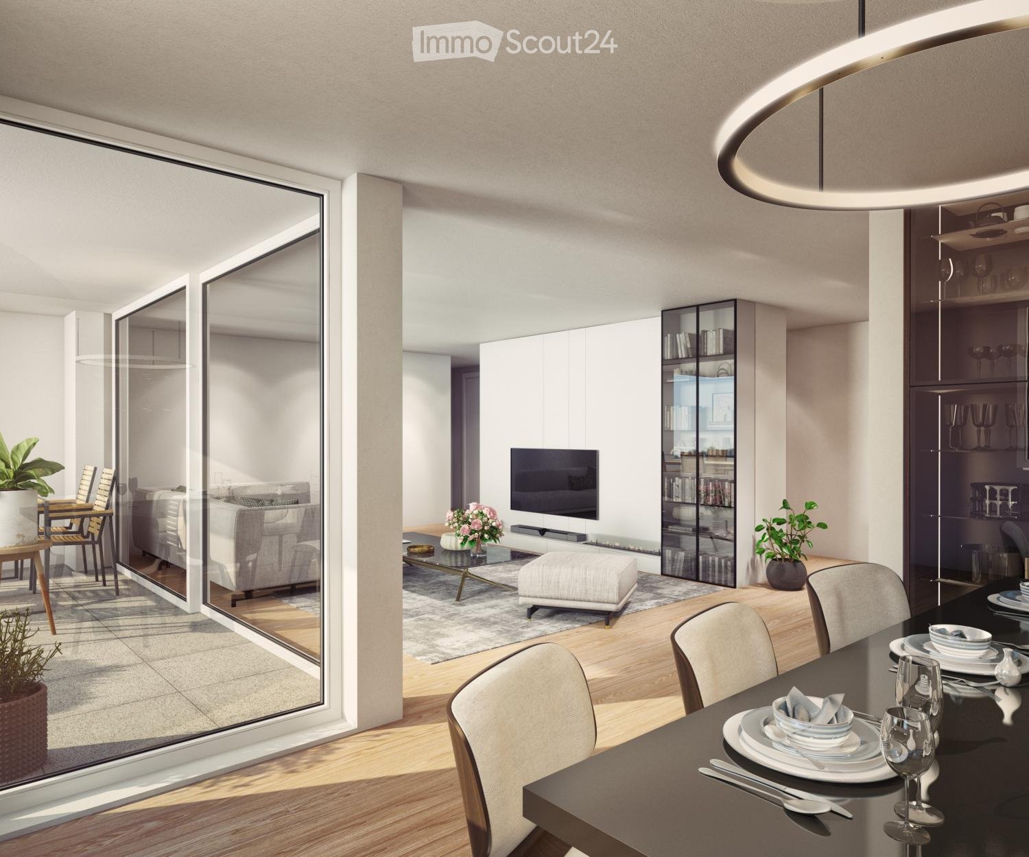 Dining room with balcony, living room with TV, glass walls, wooden floor, modern furniture