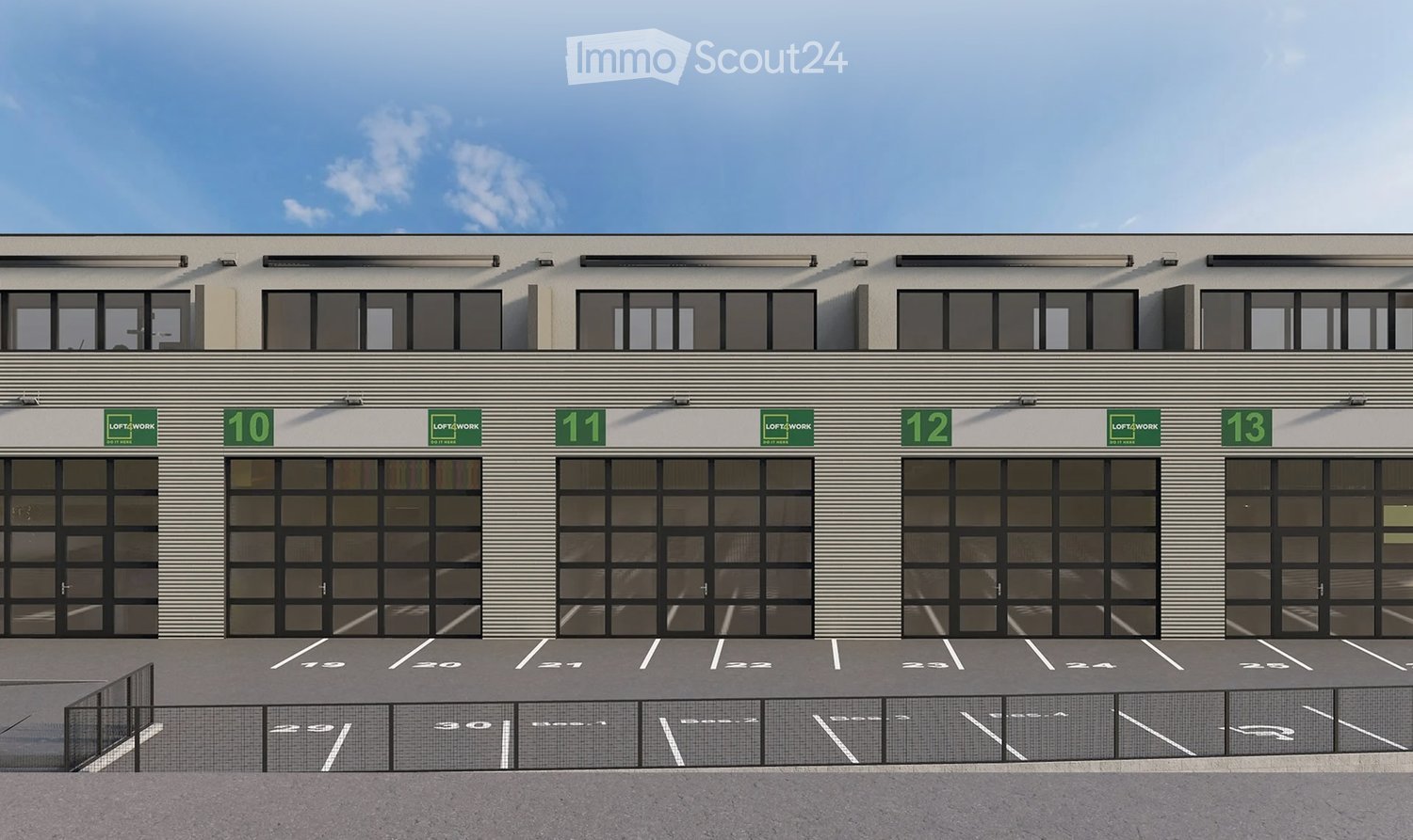 Industrial building with 4 parking spots in front, 4 doors labeled 10 to 13.
