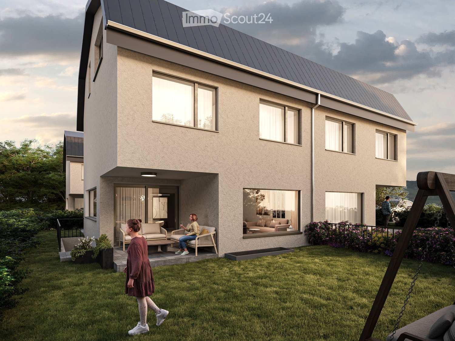 2 story house, gray exterior, large windows, modern design, raised ground floor, balcony, glass door, garden