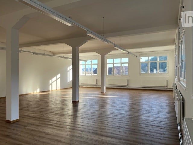 large room, wooden floor, white walls, white ceiling, white beams, large windows, white radiators, white lighting fixtures