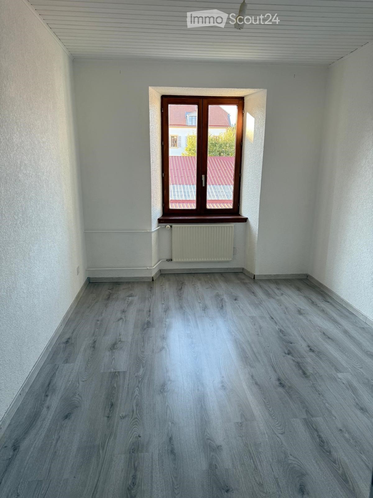 Empty room with white walls, grey wooden floor, window, white radiator, ceiling lamp