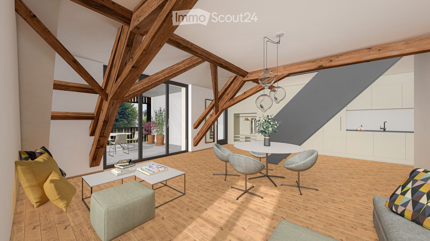 wooden beams, hardwood floors, round table, dining chairs, sofa, large windows, balcony