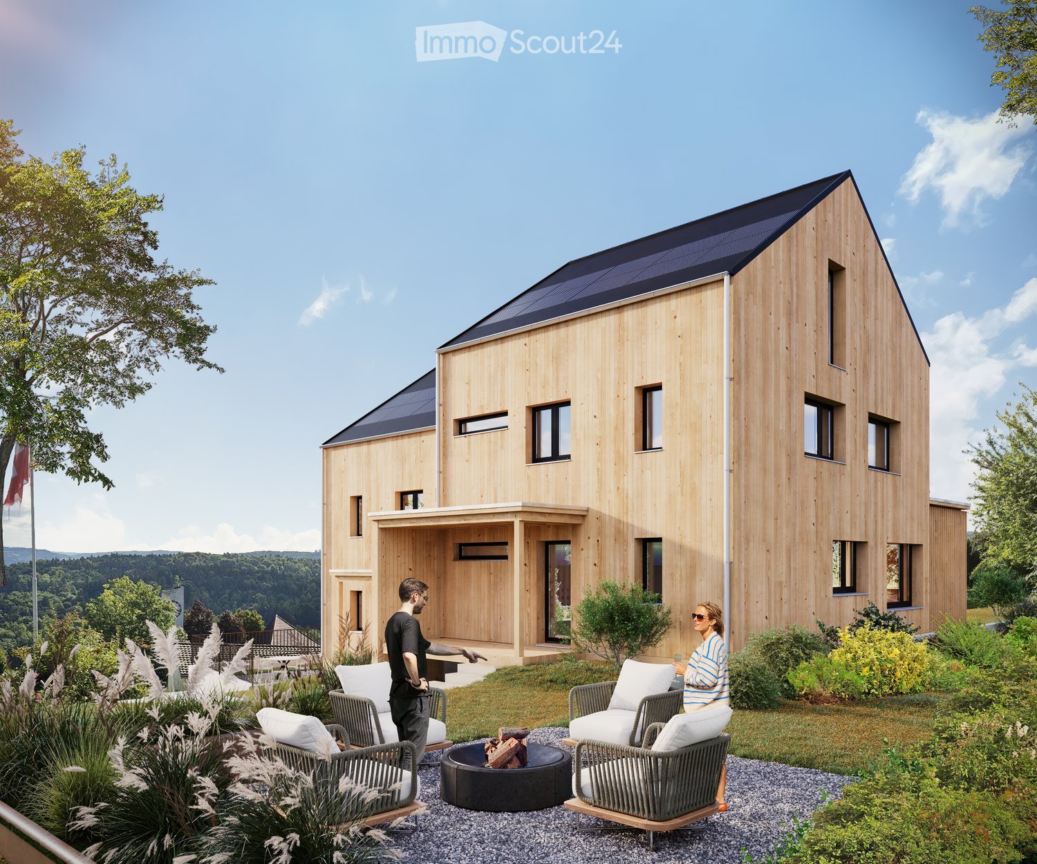 large wooden house with solar panels, patio with lounge chairs, fire pit, lush green trees, stunning mountain view