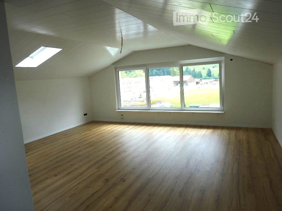 Empty room with wooden flooring, white walls, large glass window, slanted ceiling, attic with a skylight.