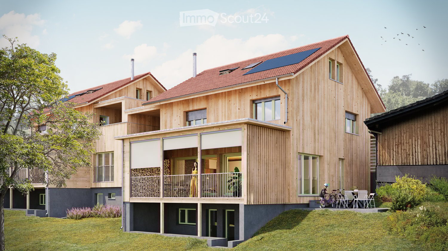 wooden house, modern design, balcony, solar panels on the roof, chimneys, open grassy area in front