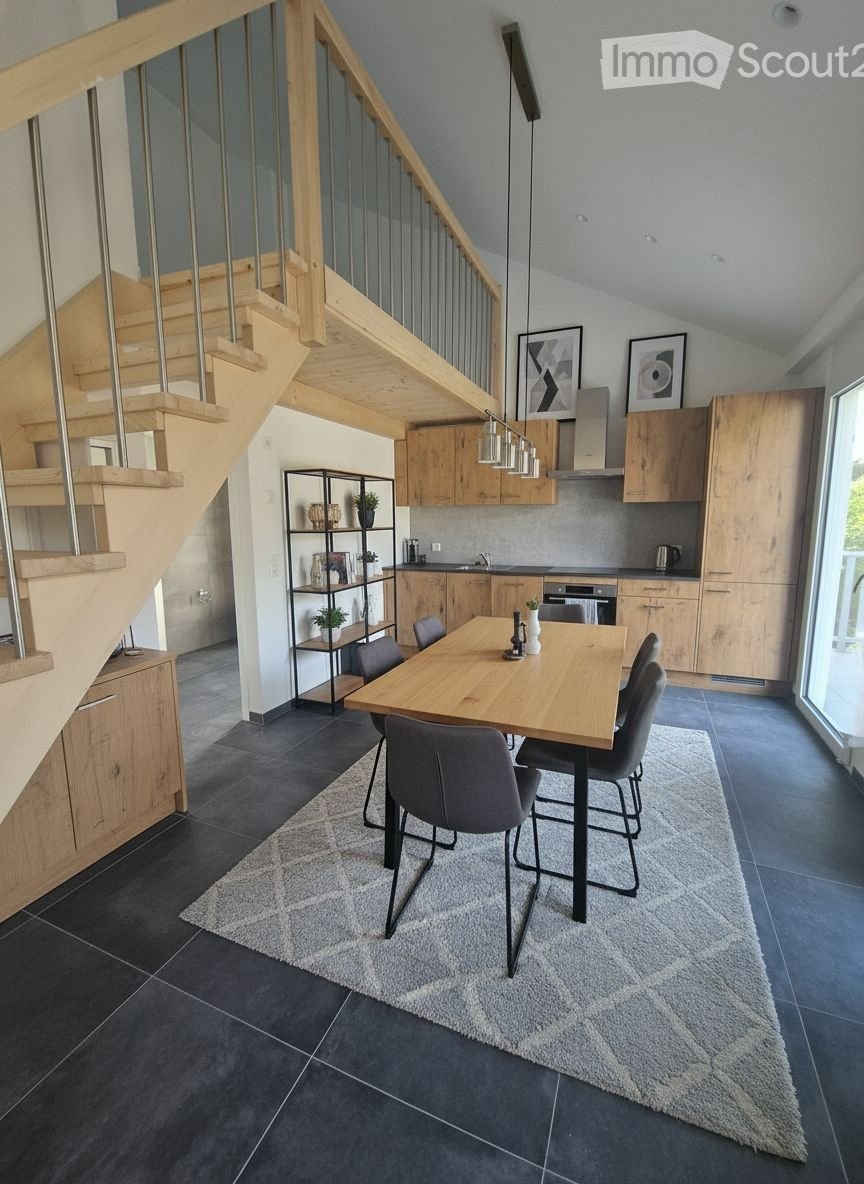 modern dining room, wooden staircase, dining table, chairs, wooden cabinets, wooden floor, kitchen area