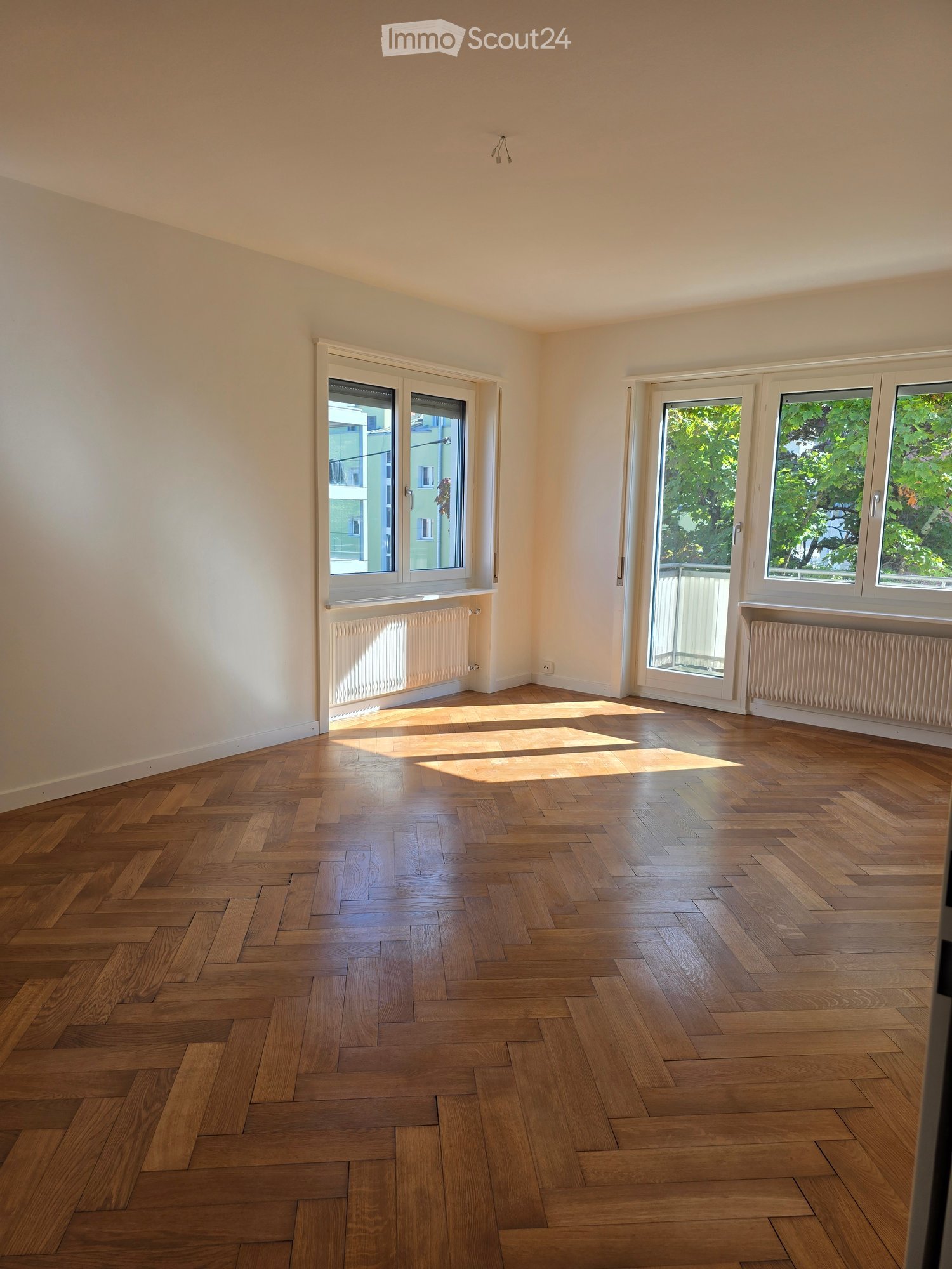 Empty room, parquet floor, white walls, windows, sun light
