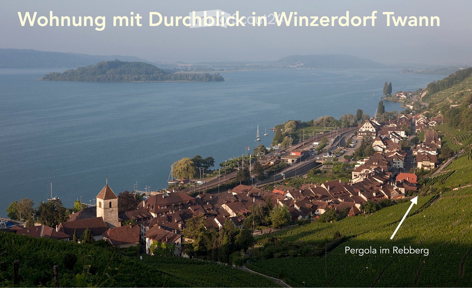 Mountainside property with waterfront view, cluster of brown houses, green pergola