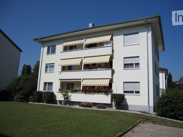 White apartment building, balconies, windows, plants and flowers, driveway